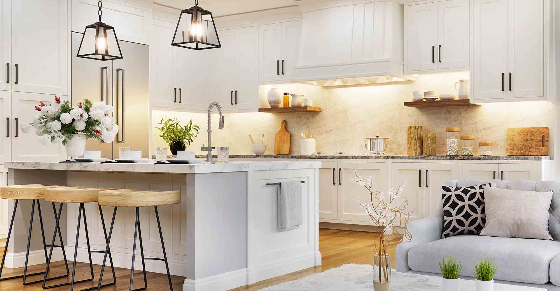 beautiful kitchen with white cabinets and large island with stools